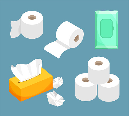 Tissue paper set, wet wipes, toilet paper roll. Use for toilet, bathroom, kitchen. Modern flat icons in a trendy flat style.