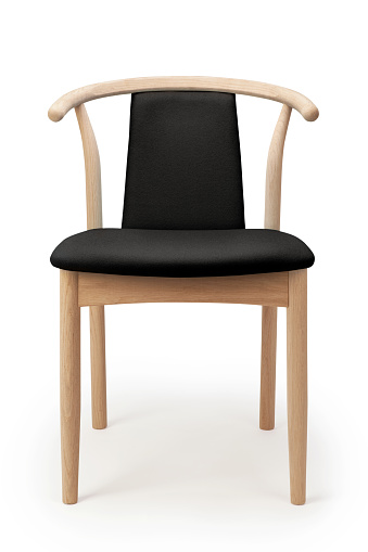 Front view of wooden chair with black textile seat