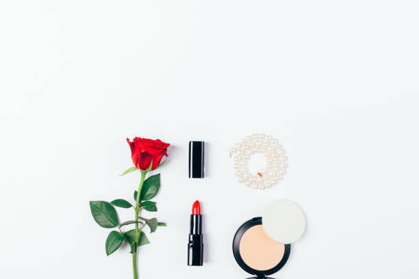istock Minimal flat lay composition of red lipstick 1265012835