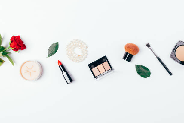 istock Beauty products flat lay composition red lipstick 1265012841