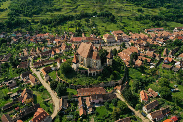 Drone photograph with Biertan fortified lutheran church in Transylvania, Romania. stock photo