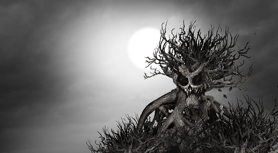 Scary tree background and halloween haunted creepy plant as a monster in a skull shape as a scary zombie growing as a horror theme in a 3D illustration style.