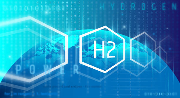 idrogeno: combustibile del futuro. concetto di idrogeno elementale dalla tavola periodica degli elementi chimici. sfondo azzurro. - abstract chemical science electronics industry foto e immagini stock