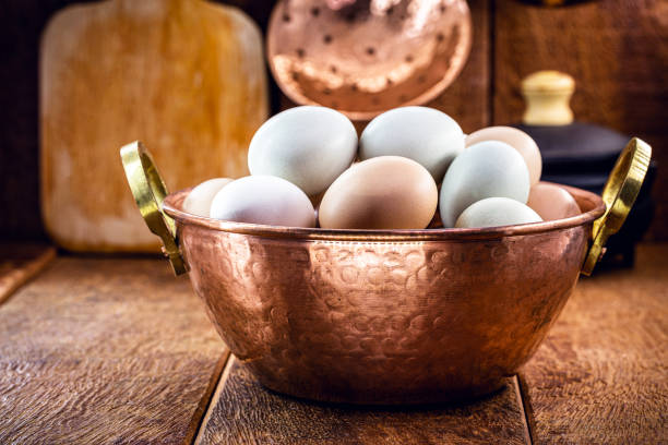 une douzaine d’œufs de poulet brésiliens colorés non lavés, d’œufs en liberté, de différentes formes, couleurs et tailles - copper pans photos et images de collection