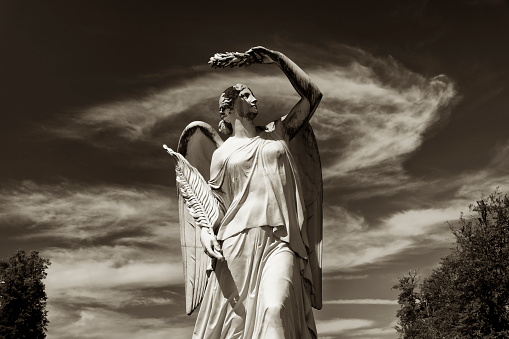 Copy of a 19th century sculpture in the Neustrelitz public castle park.\nIt was created in 1854 by the sculptor Christian Daniel Rauch and represents the Roman goddess of victory, Victoria