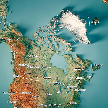 3D Render of a Topographic Map of Canada. Version with Border and Cities.\nAll source data is in the public domain.\nColor texture: Made with Natural Earth. \nhttp://www.naturalearthdata.com/downloads/10m-raster-data/10m-cross-blend-hypso/\nBoundaries Level 0: Humanitarian Information Unit HIU, U.S. Department of State (database: LSIB)\nhttp://geonode.state.gov/layers/geonode%3ALSIB7a_Gen\nRelief texture and Rivers: SRTM data courtesy of USGS. URL of source image: \nhttps://e4ftl01.cr.usgs.gov//MODV6_Dal_D/SRTM/SRTMGL1.003/2000.02.11/\nWater texture: SRTM Water Body SWDB:\nhttps://dds.cr.usgs.gov/srtm/version2_1/SWBD/