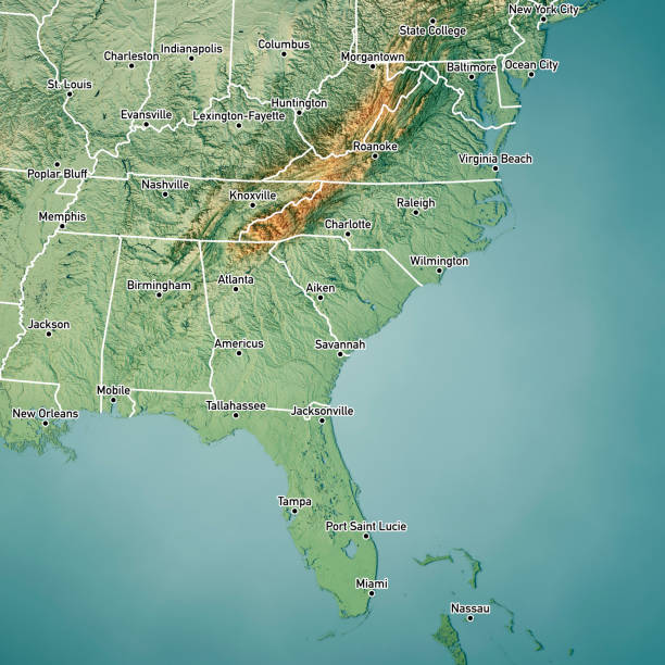 남대서양 미국 3d 렌더링 지형지도 색상 국경 도시 - 노스캐롤라이나 미국 주 뉴스 사진 이미지