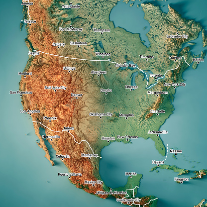 3D Render of a Topographic Map of the USA. Version with Border and Cities.\nAll source data is in the public domain.\nColor texture: Made with Natural Earth. \nhttp://www.naturalearthdata.com/downloads/10m-raster-data/10m-cross-blend-hypso/\nBoundaries Level 0: Humanitarian Information Unit HIU, U.S. Department of State (database: LSIB)\nhttp://geonode.state.gov/layers/geonode%3ALSIB7a_Gen\nRelief texture and Rivers: SRTM data courtesy of USGS. URL of source image: \nhttps://e4ftl01.cr.usgs.gov//MODV6_Dal_D/SRTM/SRTMGL1.003/2000.02.11/\nWater texture: SRTM Water Body SWDB:\nhttps://dds.cr.usgs.gov/srtm/version2_1/SWBD/