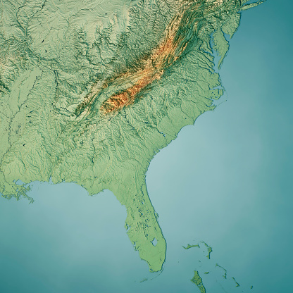 3D Render of a Topographic Map of the South Atlantic US States. \nAll source data is in the public domain.\nColor texture: Made with Natural Earth. \nhttp://www.naturalearthdata.com/downloads/10m-raster-data/10m-cross-blend-hypso/\nRelief texture: GMTED2010 data courtesy of USGS. URL of source image: \nhttps://topotools.cr.usgs.gov/gmted_viewer/viewer.htm\nWater texture: World Water Body Limits: Humanitarian Information Unit HIU, U.S. Department of State\nhttp://geonode.state.gov/layers/geonode%3AWorld_water_body_limits_polygons\nBoundaries: Humanitarian Information Unit HIU, U.S. Department of State (database: LSIB)\nhttp://geonode.state.gov/layers/geonode%3ALSIB_10