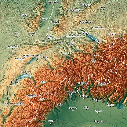 3D Render of a Topographic Map of Switzerland. Version with Borders and Cities.\nAll source data is in the public domain.\nColor texture: Made with Natural Earth. \nhttp://www.naturalearthdata.com/downloads/10m-raster-data/10m-cross-blend-hypso/\nBoundaries Level 0: Humanitarian Information Unit HIU, U.S. Department of State (database: LSIB)\nhttp://geonode.state.gov/layers/geonode%3ALSIB7a_Gen\nRelief texture and Rivers: SRTM data courtesy of USGS. URL of source images: \nhttps://e4ftl01.cr.usgs.gov//MODV6_Dal_D/SRTM/SRTMGL1.003/2000.02.11/\nWater texture: SRTM Water Body SWDB:\nhttps://dds.cr.usgs.gov/srtm/version2_1/SWBD/