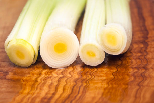 Peeled leeks in a row on wooden cutting board, preparing healthy food. Image suitable for background. Diminishing perspective.