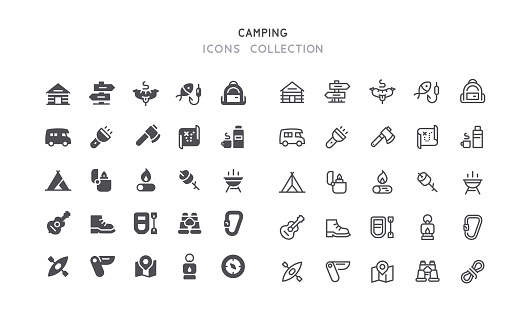 Set of camping vector icons. Flat design & outline editable stroke. Perfect pixel line.