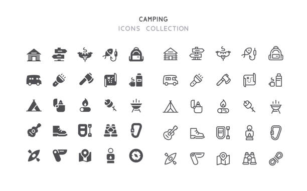 Flat & Outline Camping Icons Set of camping vector icons. Flat design & outline editable stroke. Perfect pixel line. camping symbols stock illustrations