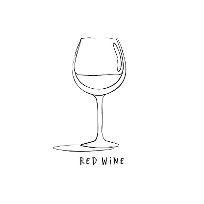 Wineglass red wine. Drink element. Black white. Retro glass wine hand draw, design for any purposes. Restaurant illustration. Simple sketch. Isolated on white background in engraving style.