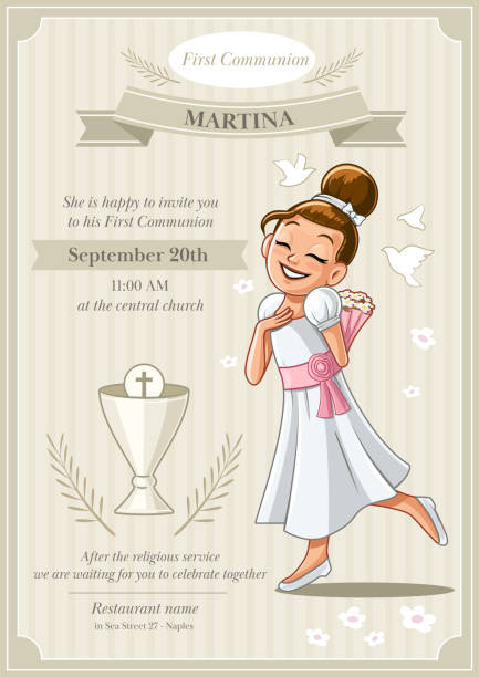 ilustrações de stock, clip art, desenhos animados e ícones de card for communion with girl - rood