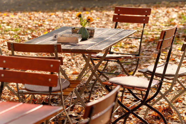 A seating group with a table of garden furniture of a restaurant is standing outdoors on grass covered with fallen autuman leaves