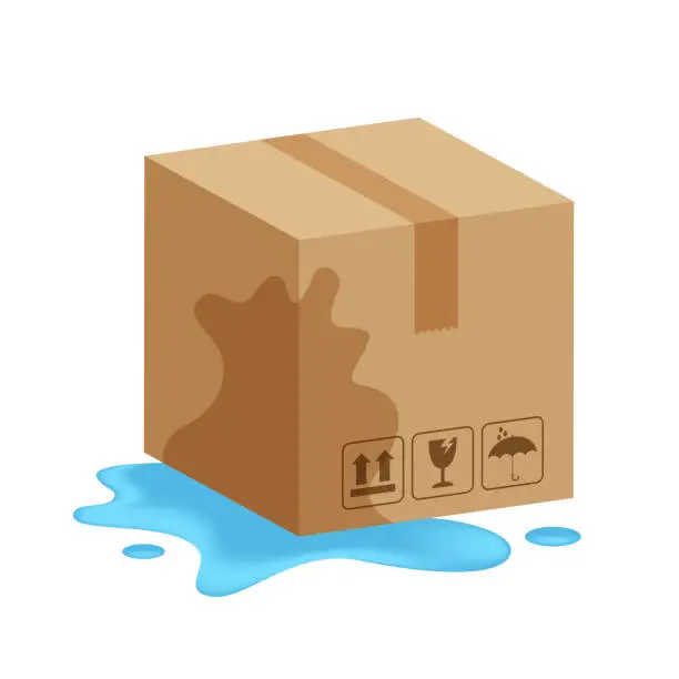 Vector illustration of damaged wet crate boxes 3d, broken cardboard box wet, flat style cardboard parcel boxes, packaging cargo, isometric boxes brown, packaging box brown icon, symbol carton box isolated white background