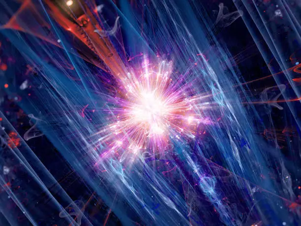 Colorful fission of particle in collider, computer generated abstract background, 3D rendering