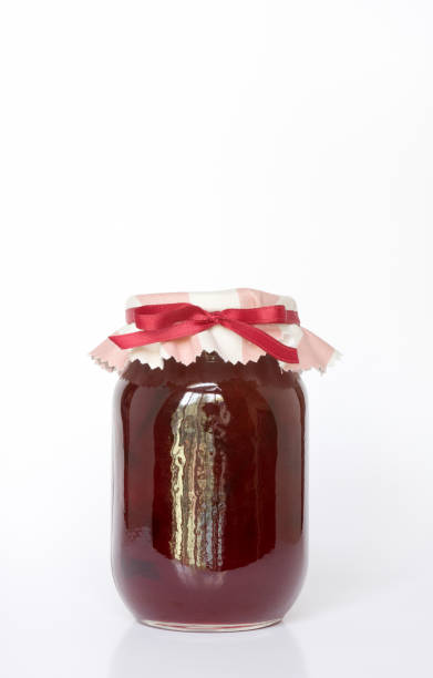 istock Homemade Plum Jam with Pink Stripped Cap & Red Ribbon, Vertical 1265040489