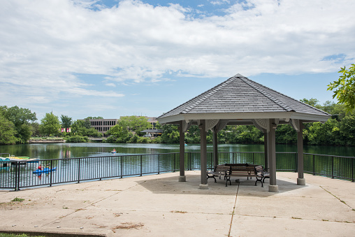 Naperville, Il,United States-April 24,2014: Quarry in downtown Naperville for recreational activities with shelter at observation point in Illinois