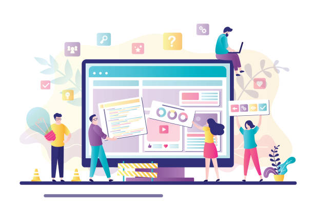 ビジネスチームがwebページデザインに協力する。コンピュータ上のウェブサイトのインターフェイスを構築する人々。ウェブ開発、チームワーク、 - ウェブページ点のイラスト素材／クリップアート素材／マンガ素材／アイコン素材
