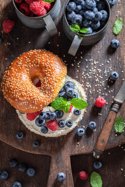 istock Delicious bagel with berries, and cottage cheese for quick lunch 1265044151