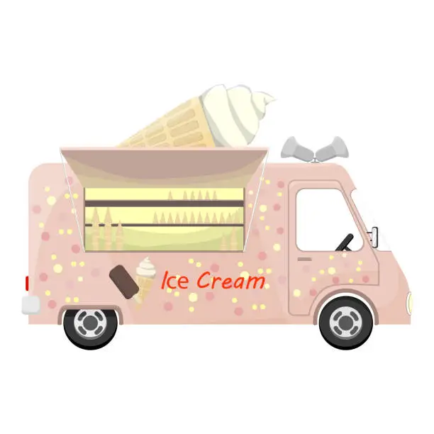 Vector illustration of Ice cream bus in cartoon style isolated on white. The window is open. On the roof there is a large waffle cone and a loudspeaker. Vector EPS10.