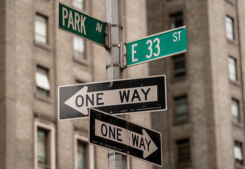 Pole with street signs at Park Avenue, New York City, USA