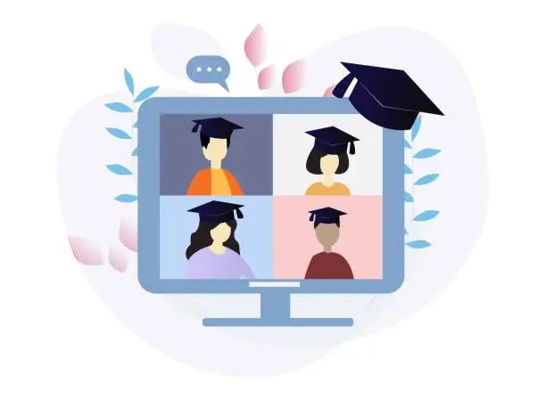 Vector illustration of Online Virtual Graduation conference. Study from home concept. Remote education