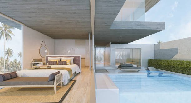 istock Modern Loft interior of Bedroom ,swimming pool 1265050776