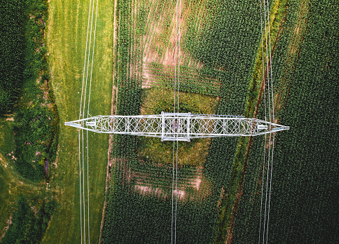 Aerial view of a high voltage power pylon.