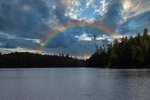 Rainbow over lake.