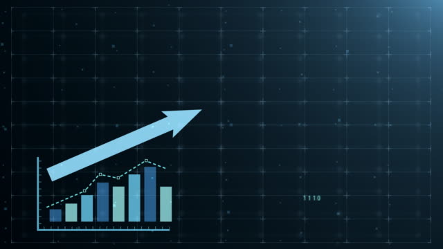 Beautiful 3D animation of rising bar graph, following the arrow, trading on the stock exchange