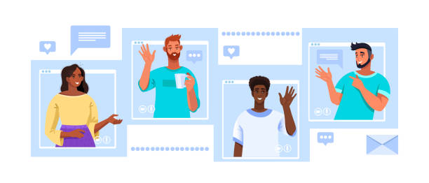 Virtual meeting illustration with different looking multiethnic people saying hello. Online conference banner with young men and women freelancers. Virtual meeting vector concept in flat style customer engagement illustrations stock illustrations