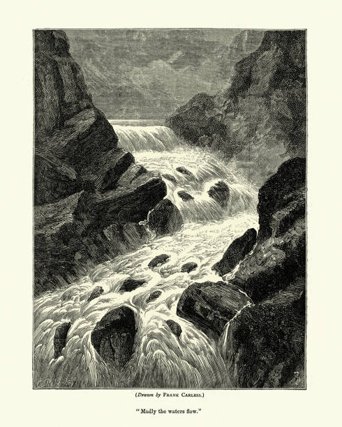 Vintage illustration of Madly the waters flow, River rapids, Victorian, 19th Century.  By Frank Carless, 1877, The Quiver