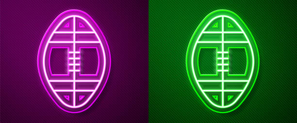 ilustraciones, imágenes clip art, dibujos animados e iconos de stock de icono de bola de rugby de línea de neón brillante aislado sobre fondo púrpura y verde. ilustración vectorial - football outline lace vector