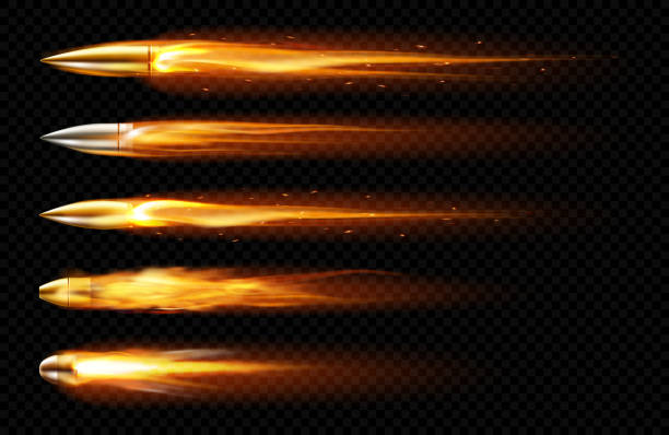 Flying bullets with fire and smoke traces Flying bullets with fire and smoke traces. Vector realistic set of fired bullets different calibers fired from weapon, gun or pistol with smoke trail isolated on transparent background bullet stock illustrations