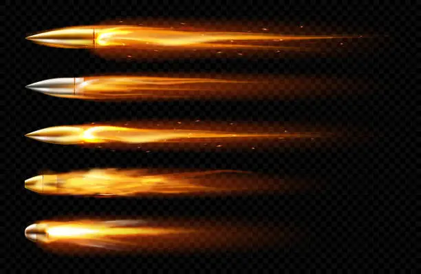 Vector illustration of Flying bullets with fire and smoke traces