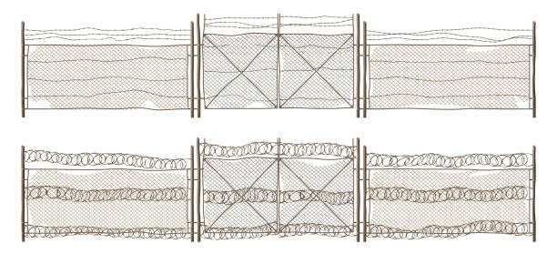 Old metal chain link fence with gate and barbwire Metal chain link fence with gate and barbwire. Old rusty rabitz grid and wire with barbs isolated on white background. Vector realistic illustration of iron mesh, barrier for prison, military boundary rusty fence stock illustrations