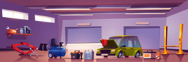 istock Car repair service mechanic box with automobile 1265059973