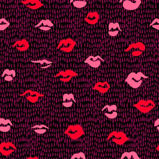 赤い唇のシームレスなパターン。落書きリップキスの背景。レトロなファッショングラマープリントは、破線のテクスチャ。 - lipstick kiss kissing lipstick love点のイラスト素材／クリップアート素材／マンガ素材／アイコン素材