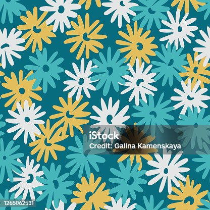 istock Ditsy daisy floral background. Seamless pattern made of meadow field flowers. Botanical summer ornament. Nature motif. Simple sketch texture, Good for fabric, textile, wrapping and clothes. 1265062531