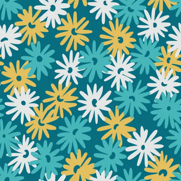 Vector illustration of Ditsy daisy floral background. Seamless pattern made of meadow field flowers. Botanical summer ornament. Nature motif. Simple sketch texture, Good for fabric, textile, wrapping and clothes.