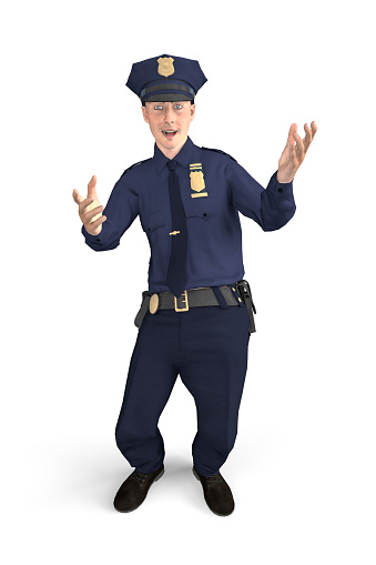Smiling policeman stands and shows gesture with his hands - isolated on white background - 3d illustration