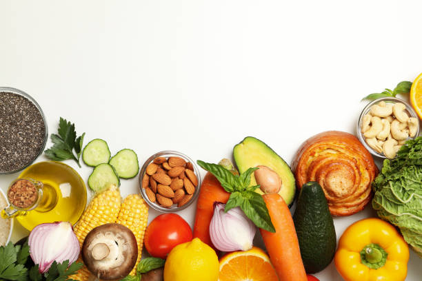 istock Different food on white background, space for text 1265063902