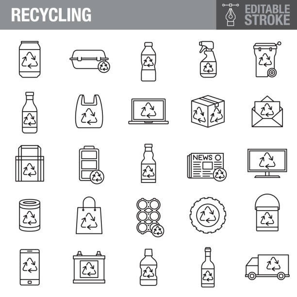 illustrazioni stock, clip art, cartoni animati e icone di tendenza di riciclo del set di icone del tratto modificabile - tire recycling recycling symbol transportation