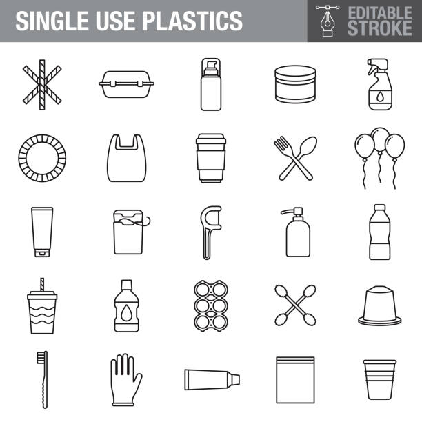 ilustraciones, imágenes clip art, dibujos animados e iconos de stock de conjunto de iconos de trazo editable de plásticos de un solo uso - plastic ring