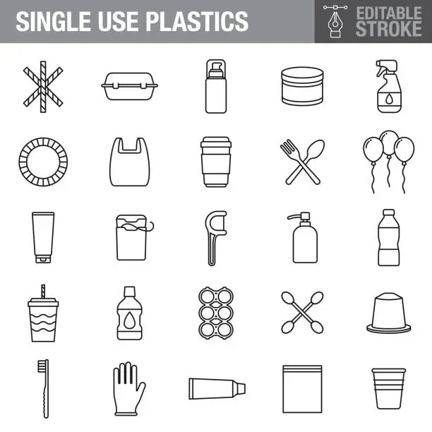 Vector illustration of Single Use Plastics Editable Stroke Icon Set