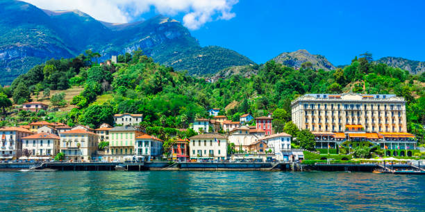 beautiful lake como scenery, tremezzina - tourist resort lake italy scenics imagens e fotografias de stock