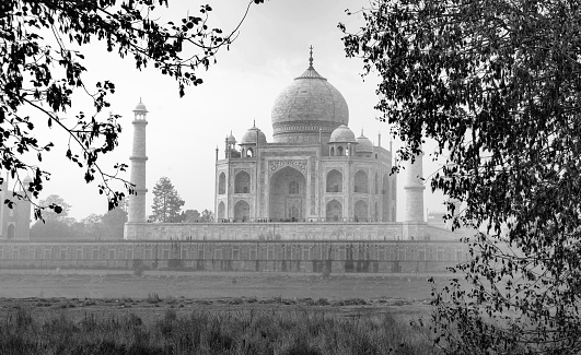 Amazing Taj Mahal in Agra- architectural landmark of India ! Blacl and white stylization.